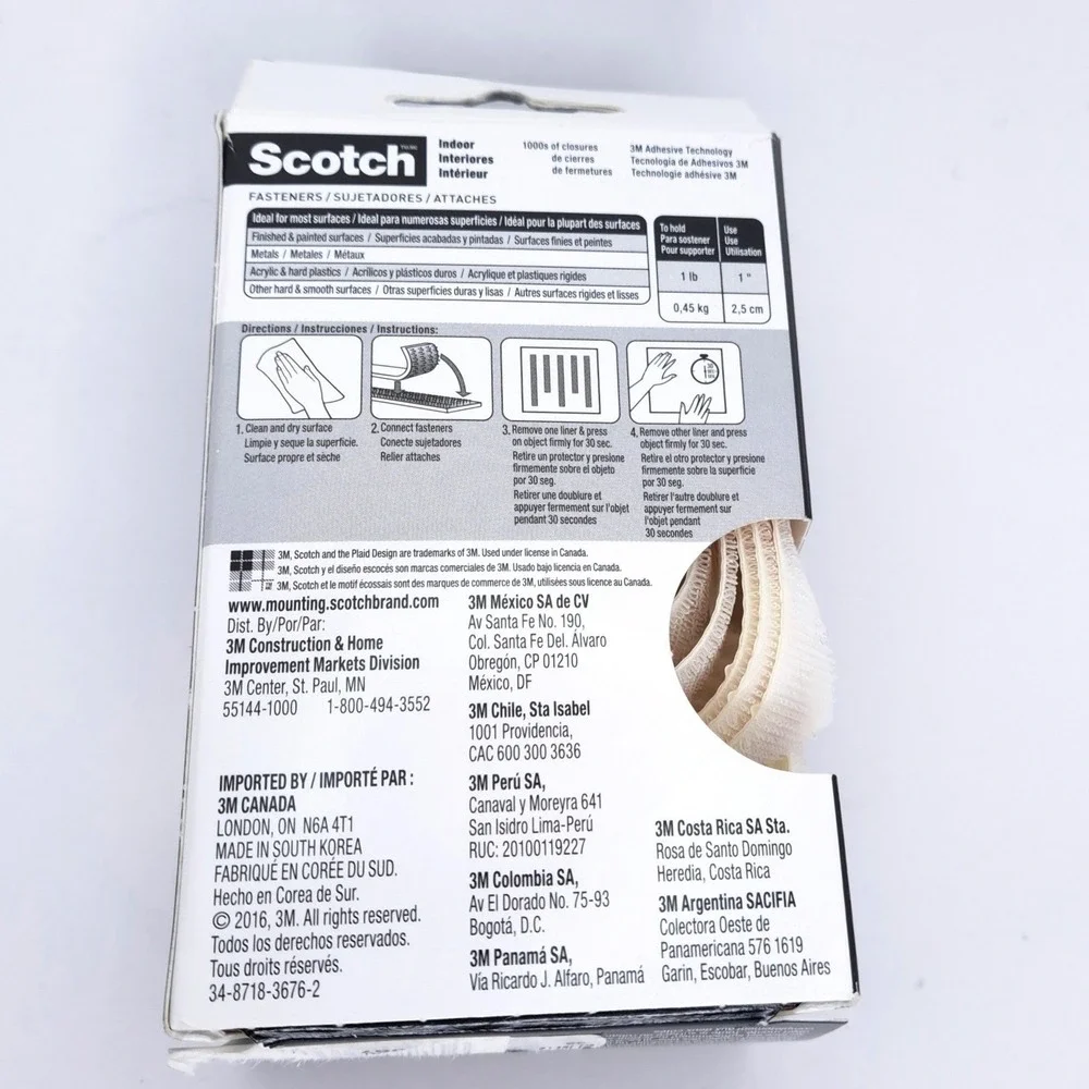 NEW Scotch Indoor Fasteners White Adhesive Easy Lock Hook Loop Tape 5ft